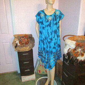 Riviera Sun EMBROIDERED Midi Size 3X DRESS Tie Dye PEASANT Sequins LIGHT Mumu